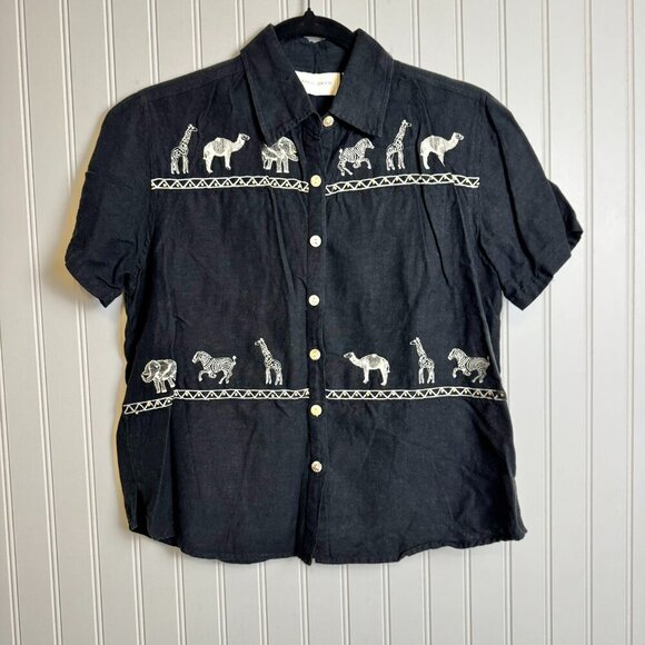Lemongrass Linen Black Safari Embroidered Short Sleeve Button Down G40 - Picture 1 of 4